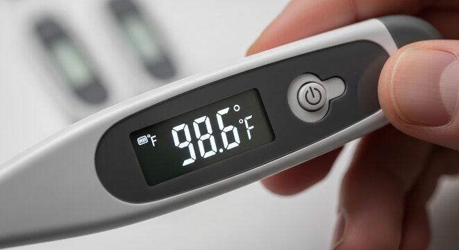 Digital thermometer displaying a normal body temperature of 98.6 degrees Fahrenheit in a hand