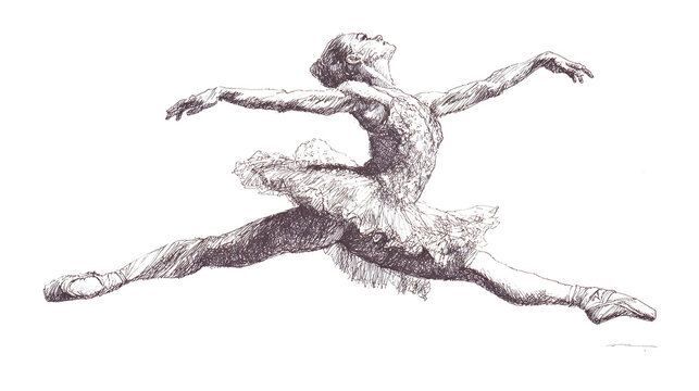 Full body portrait of a ballerina performing a grand jet&eacute; in sketch style