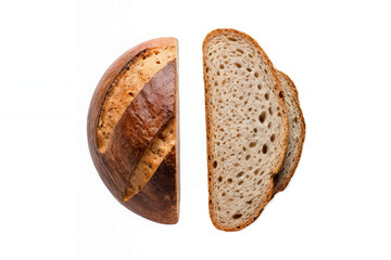 Fresh Sourdough Bread isolated on white background. Fresh baked homemade sliced rye bread, top view, copy space.