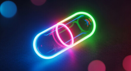 Vibrant neon capsule glows with futuristic energy, symbolizing innovation and health breakthroughs