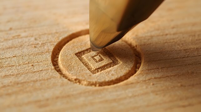 Close up of branding iron tool etching copyright mark onto wooden surface, showing precision craftsmanship, intellectual property protection and handmade artisan work in warm detailed macro view