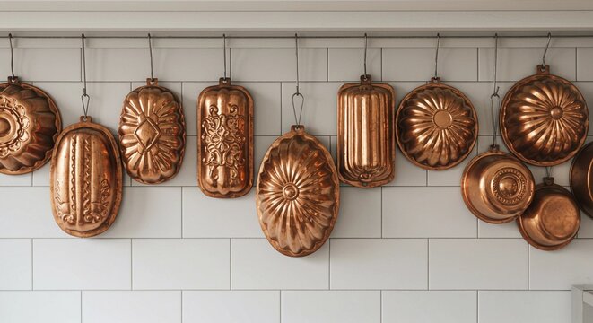  An assortment of old-fashioned, ornate copper baking molds and pots hanging neatly on a rack against a white tile kitchen wall