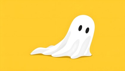 Cute Ghost Vector on Yellow Background with White Draped Fabric