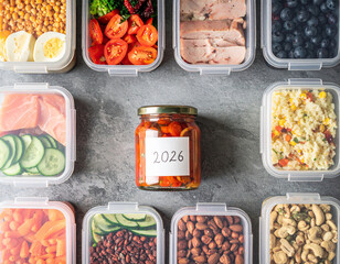Meal prepping for the future: containers of food centered around a jar labeled '2026' on a gray surface.