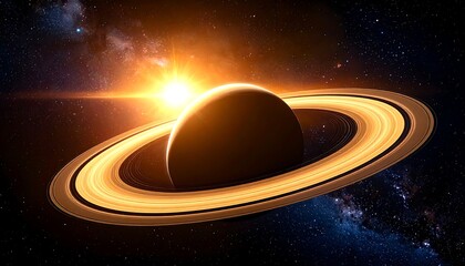 A celestial body with prominent rings, bathed in radiant light against a backdrop of cosmic dust and stars