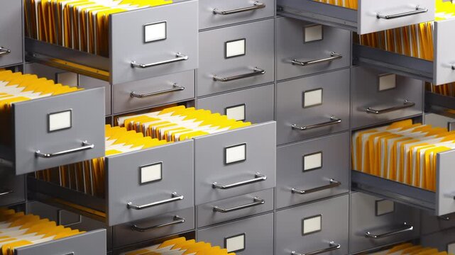 File cabinet drawer full of folder with documents, Searching office archive storage,