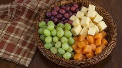 Appetizing Fruit and Cheese Basket: Grapes, Melon, and Cheddar Delight