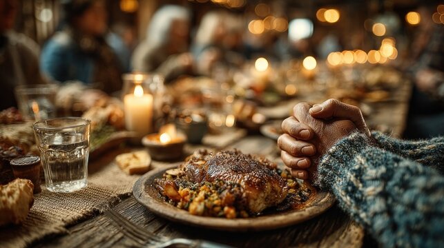 Cropped view of multicultural family holding hands praying during Thanksgiving dinner - Powered by Adobe