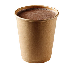 Single-use brown paper cup filled with dark chocolate drink