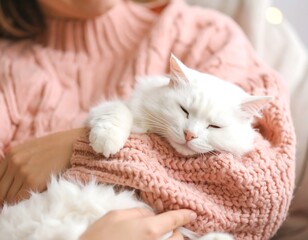 Woman holding a white cat in a pink sweater