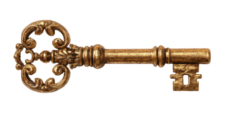 Ornate antique key, golden hue, detailed carvings