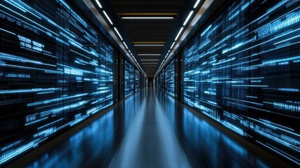 Data Center Corridor: Blue Light Streams in Server Room, Perspective View
