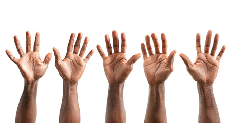 Five hands raised, palms up, on a black background
