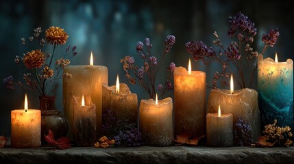 Dim, creative digital art backdrop with glowing candles and an autumnal All Saints' Day mood, rich in shadow and light contrast