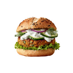 Delicious Lentil Burger with Tzatziki Sauce and Fresh Vegetables