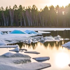 Frozen lake at sunset, with turquoise ice chunks