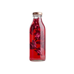 Red Hibiscus Flower Infused Water in Glass Bottle