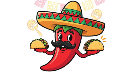 Cartoon chili pepper wearing a sombrero and holding tacos.