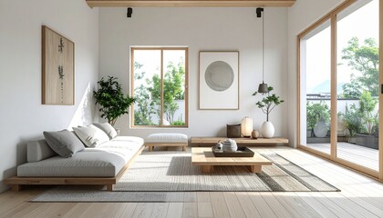 Fototapeta premium A serene Japandi style living room combining minimalist design and natural elements.