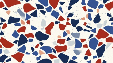 Bold Terrazzo Pattern: Red, Blue, and White Fragmented Stone Design