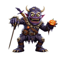 Fototapeta premium Purple goblin monster with horns and sharp teeth holding a jack-o-lantern and staff on transparent background for Halloween creature concept.