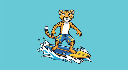A cartoon cheetah character surfing on a blue and yellow surfboard over ocean waves.