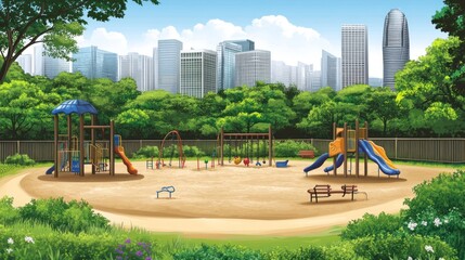 Serene City Playground: Vibrant Play Structures Amidst Lush Greenery and Towering Skyscrapers