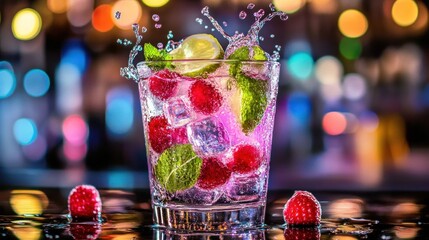 Refreshing Raspberry Cocktail Splash with Lime and Mint on a Bar Top