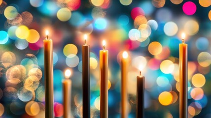 Hanukkah Candles Glowing Against Festive Bokeh Background