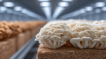 Fresh oyster mushrooms growing on substrate in commercial mushroom farm, organic fungi cultivation for food production