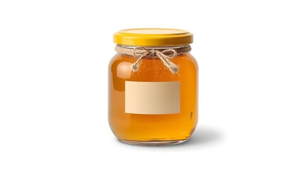 Glass jar filled with golden honey isolated on white background, mockup container with blank label for branding, natural sweet organic food product, template for design and advertising use