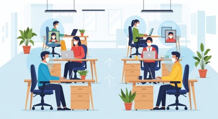 Office workers in face masks maintaining social distancing during the COVID-19 pandemic.