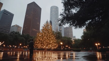 Houston's Dazzling Christmas Tree: Reflections on a Rainy Night in the Cityscape