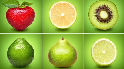 Vibrant Fruit Collage: Strawberry, Lemon, Kiwi, Lime, Pomelo on Green Background