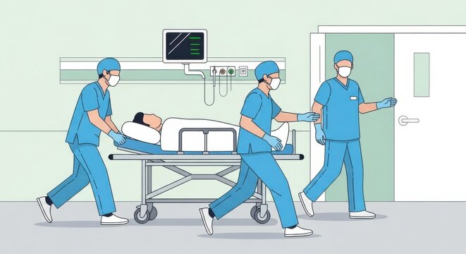 Medical Team Transporting Patient on Stretcher into Operating Room. - Powered by Adobe