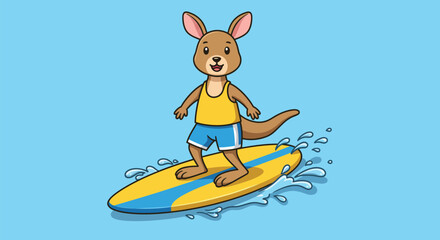 Naklejka premium A cartoon kangaroo wearing swim shorts and a tank top surfs on a yellow and blue surfboard in the ocean.