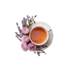 Aromatic Herbal Tea with Lavender and Roses Overhead View