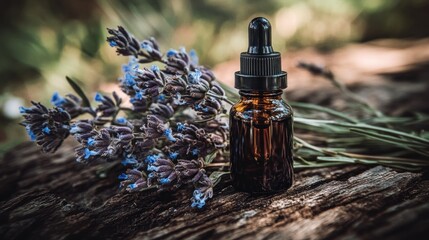 Lavender Essence: Amber Bottle and Floral Bouquet on Rustic Wood Surface