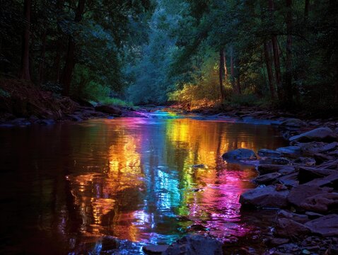 A tranquil nighttime scene of a river reflecting vibrant, multicolored lights amidst a dark, lush forest.  The water is calm, showing a clear and colorful reflection