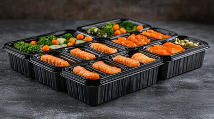 Meal Prep Containers: Salmon, Broccoli, Carrots, and Green Beans on Dark Backdrop