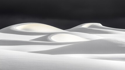 Abstract White Dunes Under Dark Sky: Minimalist Landscape, Serene, Dramatic Contrast.