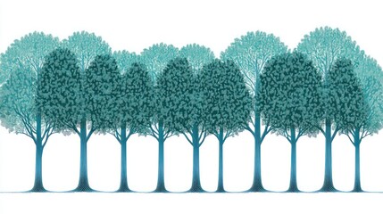 Teal Forest Illustration: Stylized Trees with Detailed Foliage on White Background