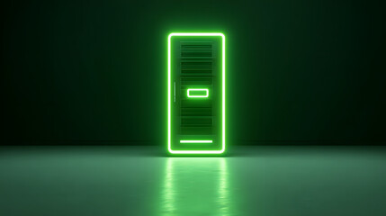 A glowing green neon outline of a server rack stands in a dark, reflective room, symbolizing technology and data.