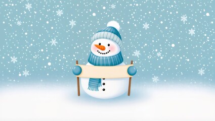 Snowman with blue hat and scarf holding blank sign during snowfall, perfect for winter and christmas themes