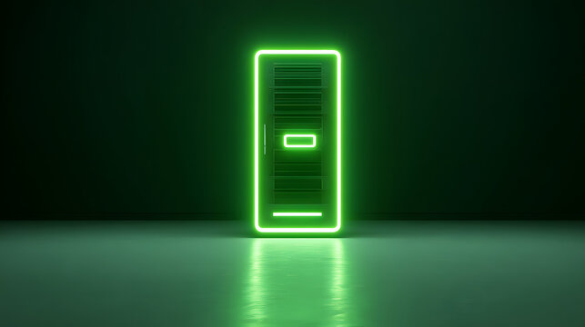 A glowing green neon outline of a server rack stands in a dark, reflective room, symbolizing technology and data. - Powered by Adobe