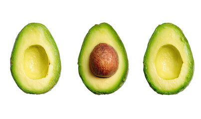 Three halved avocados, arranged horizontally.  Each displays the smooth, light green flesh, a dark brown seed in the center, and a slightly darker green rind