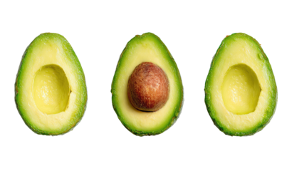 Three halved avocados, arranged horizontally.  Each displays the smooth, light green flesh, a dark brown seed in the center, and a slightly darker green rind