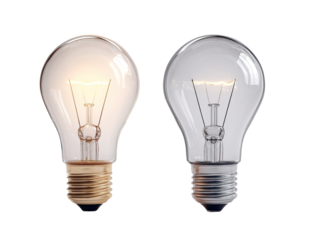 Two incandescent light bulbs, one lit, one unlit