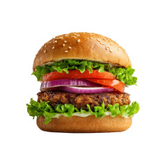 Juicy Veggie Burger on Sesame Seed Bun with Lettuce, Tomato, and Onion