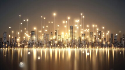 Illuminated Cityscape: Futuristic Metropolis with Glowing Lights and Reflections.